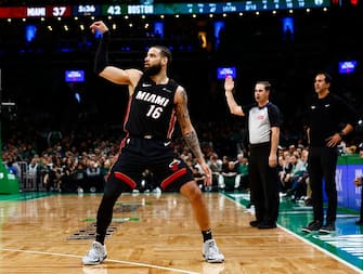 BOSTON, MA - APRIL 24: Caleb Martin #16 of the Miami Heat watches a three-point shot go in against the Boston Celtics during the second quarter of game two of the Eastern Conference First Round Playoffs at TD Garden on April 24, 2024 in Boston, Massachusetts. NOTE TO USER: User expressly acknowledges and agrees that, by downloading and/or using this Photograph, user is consenting to the terms and conditions of the Getty Images License Agreement. (Photo By Winslow Townson/Getty Images)
