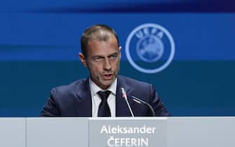 epa10559757 UEFA President Aleksander Ceferin speaks during the press conference after the 47th Ordinary UEFA Congress in Lisbon, Portugal, 05 April 2023. On 04 April, the UEFA Executive Committee awarded the organization of the 2025 European Women's Championship to Switzerland.  EPA/MIGUEL A. LOPES