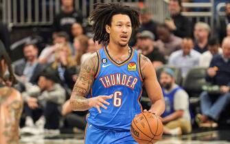 Orlando, Florida, USA, January 4, 2023, Oklahoma Thunder forward Jaylin Williams #6 during the first half at the Amway Center.  (Photo by Marty Jean-Louis/Sipa USA)