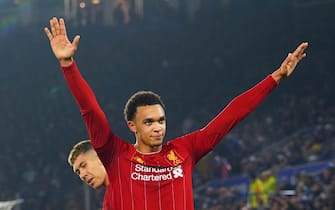 epa08091378 Liverpool's Trent Alexander Arnold celebrates scoring a goal during the English Premier league soccer match between Leicester City and Liverpool held at the King Power stadium in Leicester, Britain, 26 December 2019.  EPA/TIM KEETON EDITORIAL USE ONLY.  No use with unauthorized audio, video, data, fixture lists, club/league logos or 'live' services. Online in-match use limited to 120 images, no video emulation. No use in betting, games or single club/league/player publications.