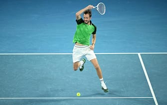 epa11110142 Daniil Medvedev of Russia in action during the Menâ  s Singles final against Jannik Sinner of Italy on Day 15 of the Australian Open tennis tournament in Melbourne, Australia, 28 January 2024.  EPA/JAMES ROSS AUSTRALIA AND NEW ZEALAND OUT