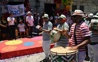 A group of musicians perform during the official Carnival opening ceremony at the City Palace in Rio de Janeiro, Brazil on February 9, 2024. (Photo by MAURO PIMENTEL / AFP)