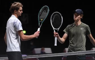 24 October 2020, North Rhine-Westphalia, Cologne: Tennis: ATP Tour - Cologne Championships (ATP), singles, men, semi-finals, Zverev (Germany) - Sinner (Italy). Alexander Zverev and Jannik Sinner knock each other out after the end of the match. Photo: Jonas Güttler/dpa (Photo by Jonas Güttler/picture alliance via Getty Images)