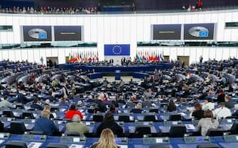 epa10362177 A general view on the plenary hall at the start of the session of the European Parliament in Strasbourg, France, 12 December 2022. Belgian federal prosecutor said in a statement four of six people within the European Parliament were detained on 09 December and have been charged with 'participation in a criminal organization, money laundering and corruption' and remanded in custody. Greek MEP and European Parliament Vice President Eva Kaili has reportedly been among those arrested in an investigation into suspected bribery by a Gulf state.  EPA/JULIEN WARNAND