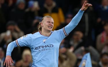 epaselect epa10523004 Manchester City's Erling Haaland celebrates after scoring the 5-0 during the UEFA Champions League Round of 16, 2nd leg match between Manchester City and RB Leipzig in Manchester, Britain, 14 March 2023.  EPA/Adam Vaughan