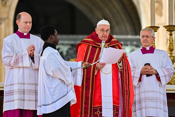 Pope Francis delivers the Angelus prayer at the end of the Palm Sunday mass on April 2, 2023 at St. Peter's square in The Vatican. (Photo by Filippo MONTEFORTE / AFP) (Photo by FILIPPO MONTEFORTE/AFP via Getty Images)