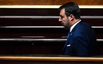 Il ministro delle Infrastrutture e Trasporti Matteo Salvini in aula al Senato durante la mozione di sfiducia alla ministra del Turismo Daniela Santanche', Roma, 26 luglio 2023. ANSA/ANGELO CARCONI