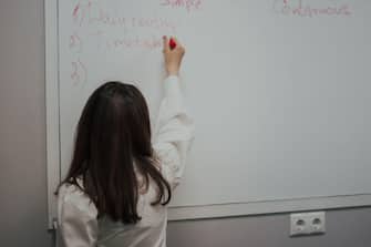 Female teacher writing on the marker board im classroom. Education concept english language lesson.