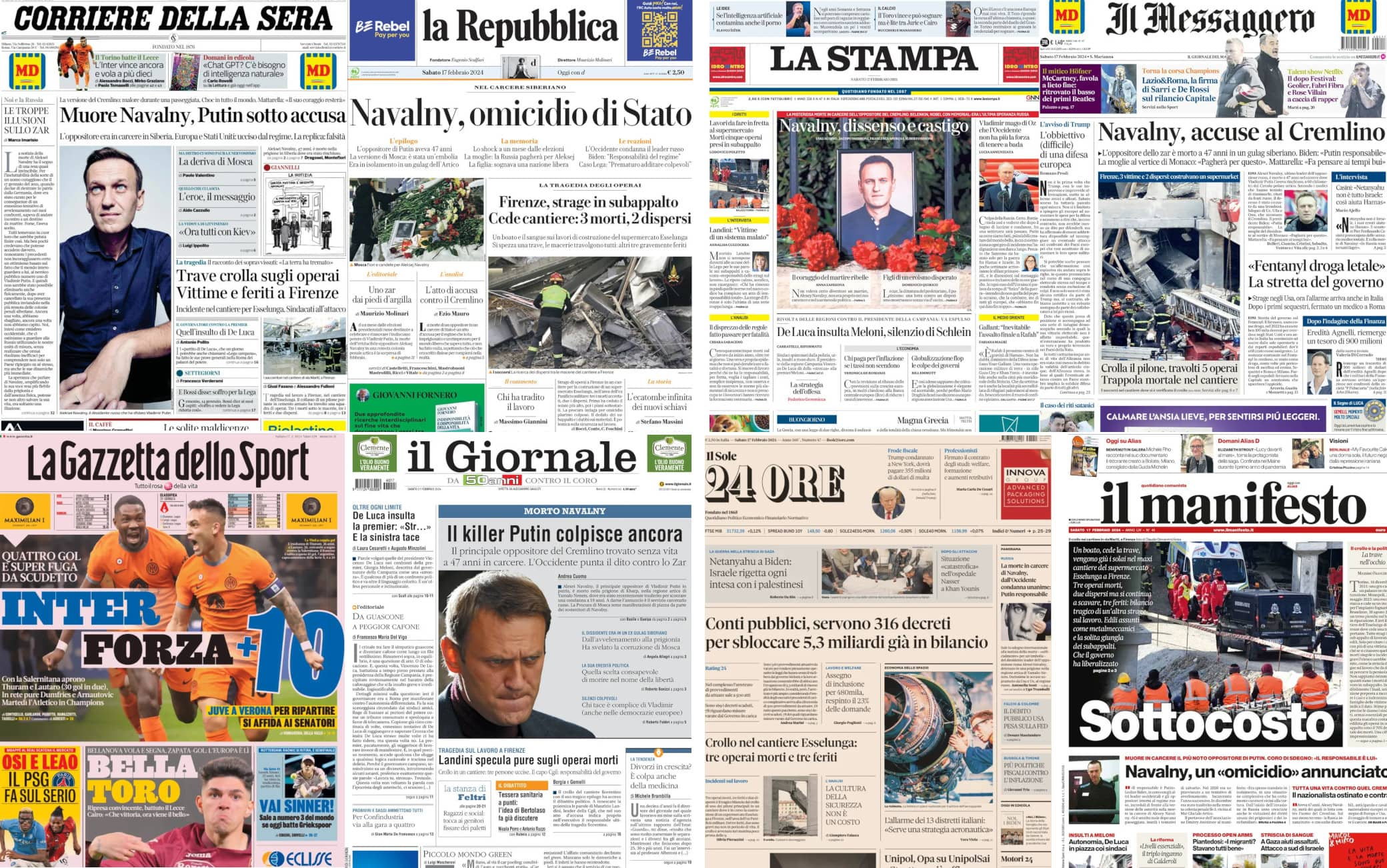 Le prime pagine dei quotidiani di oggi 17 febbraio la rassegna