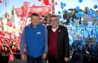 Il Segretario generale della UIL Pierpaolo Bombardieri e il Segretario generale della CGIL Maurizio Landini alla manifestazione nazionale per lo sciopero generale 
Roma, 17 novembre 2023. 
ANSA/FABIO CIMAGLIA