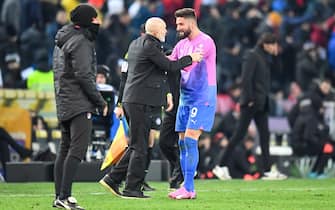 Milanâ&#x80;&#x99;s Olivier Giroud and Milanâ&#x80;&#x99;s Head Coach Stefano Pioli celebrates after scoring a goal 2-3  during  Udinese Calcio vs AC Milan, Italian soccer Serie A match in Udine, Italy, January 20 2024
