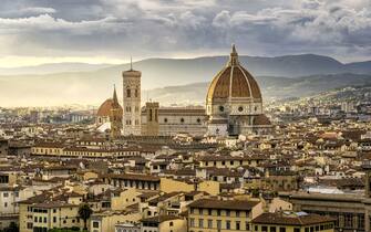 Beautiful sunset cityscape view of the Santa maria nouvelle Duomo and the town of Florence, in the Italian Tuscany.