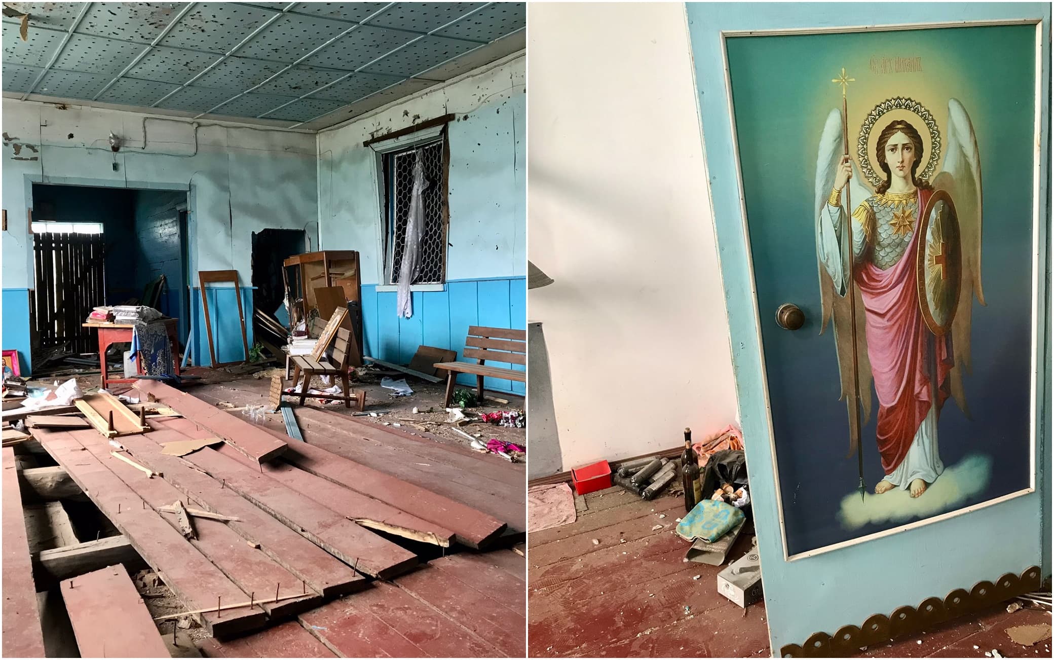 La chiesa distrutta nel villaggio di Peremoha, in Ucraina