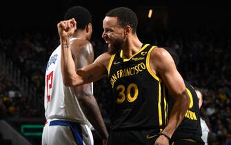 SAN FRANCISCO, CA - FEBRUARY 14: Stephen Curry #30 of the Golden State Warriors celebrates during the game against the LA Clippers on FEBRUARY 14, 2024 at Chase Center in San Francisco, California. NOTE TO USER: User expressly acknowledges and agrees that, by downloading and or using this photograph, user is consenting to the terms and conditions of Getty Images License Agreement. Mandatory Copyright Notice: Copyright 2024 NBAE (Photo by Noah Graham/NBAE via Getty Images)