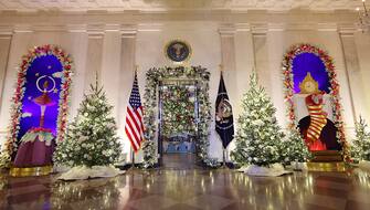 WASHINGTON, DC - NOVEMBER 27: The Blue Room can be seen through the doorway in the Cross Hall, which is lined with frosted Christmas tress, during a media preview of the 2023 holiday decorations at the White House November 27, 2023 in Washington, DC. The theme for this year's White House decorations is â  Magic, Wonder and Joy,â   and is designed to capture the â  delight and imagination of childhood.â   The White House expects to welcome approximately 100,000 visitors during the holiday season. (Photo by Kevin Dietsch/Getty Images)
