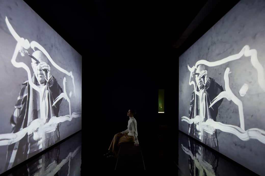 Installation view of The Hong Kong Jockey Club Series:Picasso for Asia–A Conversation, 2025 Photo:Lok Cheng Image courtesy of M+, Hong Kong © Visite à Picasso, a film directed by Paul Haesaerts, Production Art et Cinema, Copyright Eyeworks Film & Tv Drama