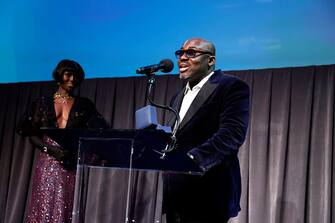 LOS ANGELES, CALIFORNIA - MARCH 09: (L-R) Jodie Turner-Smith and Editor-In-Chief of British Vogue Edward Enninful speak onstage at the Green Carpet Fashion Awards 2023 on March 09, 2023 in Los Angeles, California. (Photo by Stefanie Keenan/Getty Images for Green Carpet Fashion Awards)