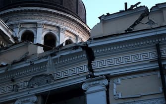 This photograph taken early on July 23, 2023, shows the destruction of the Transfiguration Cathedral building damaged as a result of a missile strike in Odesa. At least one person was killed and more than 15 wounded in a Russian attack on the southern Ukrainian port city of Odesa, the governor of the region said. (Photo by Oleksandr GIMANOV / AFP) (Photo by OLEKSANDR GIMANOV/AFP via Getty Images)