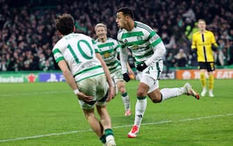 epa11845956 Adam Idah (C) of Celtic and teammates celebrate after an own goal of Young Boys during the UEFA Champions League league phase match between Celtic FC and BSC Young Boys, in Glasgow, Britain, 22 January 2025.  EPA/ROBERT PERRY