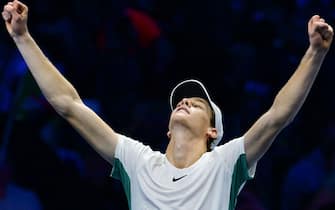 Italy's Jannik Sinner celebrates after winning his round-robin match against Serbia's Novak Djokovic on day 3 of the ATP Finals tennis tournament in Turin on November 14, 2023. (Photo by Tiziana FABI / AFP) (Photo by TIZIANA FABI/AFP via Getty Images)
