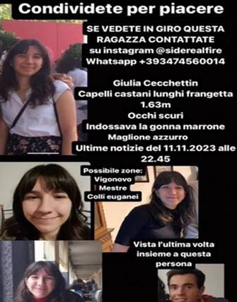 La 22enne Giulia Cecchettin scomparsa da sabato sera dopo essere stata vista per l'ultima volta in compagnia dell'ex fidanzato. Gino Cecchettin, il padre della giovane si è detto molto preoccupato e ha lanciato forti sospetti sul ragazzo: "Lui non aveva accettato la fine del rapporto". +++ INSTGRAM +++ ATTENZIONE LA FOTO NON PUO' ESSERE RIPRODOTTA SENZA L'AUTORIZZAZIONE DELLA FONTE CUI SI RINVIA +++