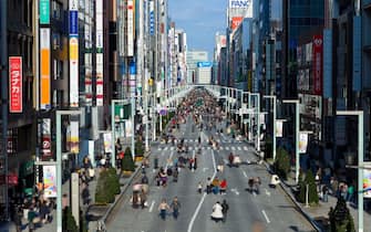 Elevated view along Chuo Dori Street in Ginza, Tokyo, Japan, Asia