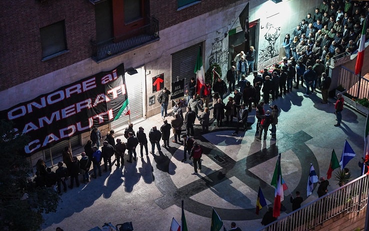 Casapound activists during the parade of the memorial on the 40th anniversary of the massacre of Msi (Movimento Soiciale Italiano - Right Party) headquater Acca Larenzia, in Rome, Italy, 07 January 2018. On January 7, 1978, Franco Bigonzetti, Francesco Ciavatta and Stefano Recchioni, three MSI activists, were killed in the MSI section of Acca Larentia in Rome. ANSA/ALESSANDRO DI MEO  