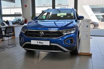 Gdansk, Poland - August 27, 2022: New model of Volkswagen T-Roc presented in the car showroom of Gdansk