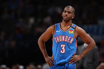 OKLAHOMA CITY, OK - FEBRUARY 7: Chris Paul #3 of the Oklahoma City Thunder looks on during the game against the Detroit Pistons on February 7, 2020 at Chesapeake Energy Arena in Oklahoma City, Oklahoma. NOTE TO USER: User expressly acknowledges and agrees that, by downloading and or using this photograph, User is consenting to the terms and conditions of the Getty Images License Agreement. Mandatory Copyright Notice: Copyright 2020 NBAE (Photo by Zach Beeker/NBAE via Getty Images)