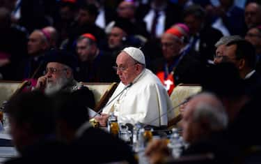 Pope Francis attends the plenary session of the VII Congress of Leaders of World and Traditional Religions at the Palace of Peace and Reconciliation in Nur-Sultan on September 14, 2022. (Photo by Filippo MONTEFORTE / AFP) (Photo by FILIPPO MONTEFORTE/AFP via Getty Images)