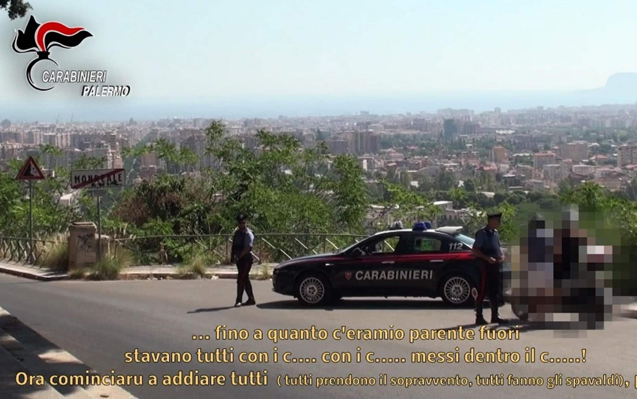 Un fermo immagine tratto da un video dei carabinnieri di Palermo, 5 luglio 2021: I carabinieri del Comando provinciale di Palermo e la Direzione Investigativa Antimafia hanno eseguito un'ordinanza di custodia cautelare nei confronti di 85 persone accusate a vario titolo di associazione mafiosa, concorso esterno in associazione mafiosa, associazione finalizzata al traffico di droga, reati in materia di armi, estorsione e corruzione. Sono 63 le persone che sono state portate in carcere, 18 agli arresti domiciliari e 4 sottoposte a obblighi di dimora e presentazione alla polizia giudiziaria. L'operazione, che si è svolta nella provincia di Palermo e in altre regioni italiane, è stata coordinata dalla Dda.
ANSA/CARABINIERI EDITORIAL USE ONLY NO SALES