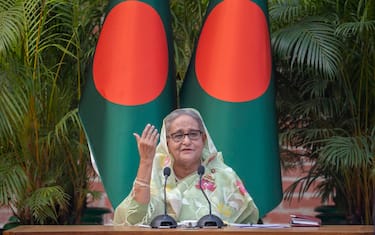 epa11064417 Bangladesh Prime Minister and Awami League President Sheikh Hasina addressing a meeting with foreign observers and journalists at the Prime Minister s resident at Gono Bhaban in Dhaka, Bangladesh, 08 January, 2024. Bangladesh s governing party, the Awami League, won the 12th Parliamentary elections, giving its Prime Minister Sheikh Hasina a fourth consecutive term.  EPA/MONIRUL ALAM