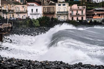 CATANIA, ITALY - OCTOBER 29: Very rough sea and high waves break on the city's coastline caused by the bad weather of the last few days with the Mediterranean cyclone on October 29, 2021 in Catania, Italy. Italian authorities issued a red alert for the south of the country after flash floods killed at least two, turned streets into rivers and created a power black-out in Catania. (Photo by Fabrizio Villa/Getty Images)