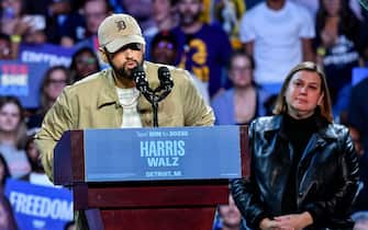 Mandatory Credit: Photo by Adam J Dewey/NurPhoto/Shutterstock (14809547bg)
Eminem voices his support for Kamala Harris for President before introducing keynote speaker and former President Barack Obama at a presidential campaign rally for Kamala Harris in Detroit, MI, on October 22, 2024.
Barack Obama Holds A Presidential Campaign Rally For Kamala Harris At The Huntington Place In Detroit, MI, United States - 22 Oct 2024