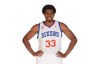 PHILADELPHIA, PA - OCTOBER 1: Andrew Bynum #33 of the Philadelphia 76ers poses for a photo during NBA Media Day on October 1, 2012 at the Philadelphia College of Osteopathic Medicine in Philadelphia, Pennsylvania. NOTE TO USER: User expressly acknowledges and agrees that, by downloading and or using this photograph, User is consenting to the terms and conditions of the Getty Images License Agreement. Mandatory Copyright Notice: Copyright 2012 NBAE (Photo by Jesse D. Garrabrant/NBAE via Getty Images)