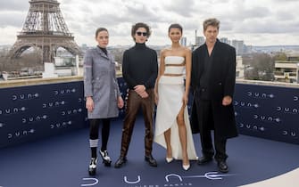 PARIS, FRANCE - FEBRUARY 12: (L-R) Rebecca Ferguson, Timothee Chalamet, Zendaya Coleman and Austin Butler attend the "Dune 2" Photocall at Shangri La Hotel on February 12, 2024 in Paris, France. (Photo by Marc Piasecki/Getty Images)