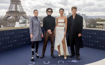 PARIS, FRANCE - FEBRUARY 12: (L-R) Rebecca Ferguson, Timothee Chalamet, Zendaya Coleman and Austin Butler attend the "Dune 2" Photocall at Shangri La Hotel on February 12, 2024 in Paris, France. (Photo by Marc Piasecki/Getty Images)