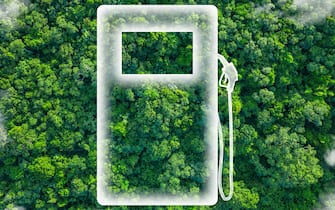 The photo shows a tropical green forest and nature from above with clouds, from a bird's eye view. In the foreground is a gasoline pump. Energy transition towards a CO2 neutral future. Green Hydrogen from sustainably generated electricity can be used as a climate-neutral fuel of the future and is essential for achieving international climate targets. Hydrogen synthetic liquid fuel (power-to-liquid) or fuel gas (power-to-gas). The green lungs of the earth. The image symbolizes the sustainable use of nature and the importance of nature for people on earth, as well as the rare and precious beauty of untouched nature.
Impact of human activities on nature and the environment. Innovative ideas and promotion of sustainability. New opportunities for economic development. Energy Security. Sustainable Development. Carbon-neutral, CO2-free, low-carbon power generation, Eco-Friendly Business Idea, Hydrogen station, Hydrogen Power, Hydrogen Technology, Hydrogen fuel cells, Hydrogen car, Hydrogen bus, Hydrogen fuel. Environment-friendly Company Supply chains and manufacturing processes reducing gobal ecological Footprint. Environmental regulations. Making Value Chains Sustainable. Green Technology development. green investment funds and stocks, green climate fund, Sustainable investment products, Impact funds, Impact investing. Green Business. Environmentally sustainable companies. Investing with a good conscience. Responsible Investing. ESG Rating and Score. Sustainable, clean alternatives to gasoline. Fuel derived from plants.