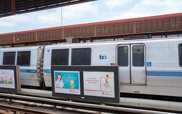 A BART train approaches the platform and prepares to load passengers at the Walnut Creek, California station of the Bay Area Rapid Transit (BART) light rail system, September 13, 2017. (Photo via Smith Collection/Gado/Getty Images).