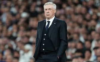 Real Madrid head coach Carlo Ancelotti during the UEFA Champions League match, Quarter-finals, first leg, between Real Madrid and Manchester City played at Santiago Bernabeu Stadium on April 9, 2024 in Madrid Spain. (Photo by Bagu Blanco / pressinphoto / Sipa USA)PHOTO)