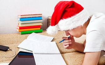 Young Man in Santa's Hat doing Homework on the Sofa
