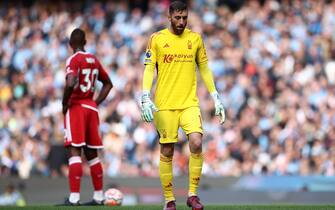 epa10878828 Matt Turner of Nottingham Forest reacts during the English Premier League soccer match between Manchester City and Nottingham Forest in Manchester, Britain, 23 September 2023.  EPA/ADAM VAUGHAN EDITORIAL USE ONLY. No use with unauthorized audio, video, data, fixture lists, club/league logos or 'live' services. Online in-match use limited to 120 images, no video emulation. No use in betting, games or single club/league/player publications.