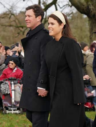 Jack Brooksbank and Princess Eugenie attending the Christmas Day morning church service at St Mary Magdalene Church in Sandringham, Norfolk. Picture date: Monday December 25, 2023. (Photo by Joe Giddens/PA Images via Getty Images)