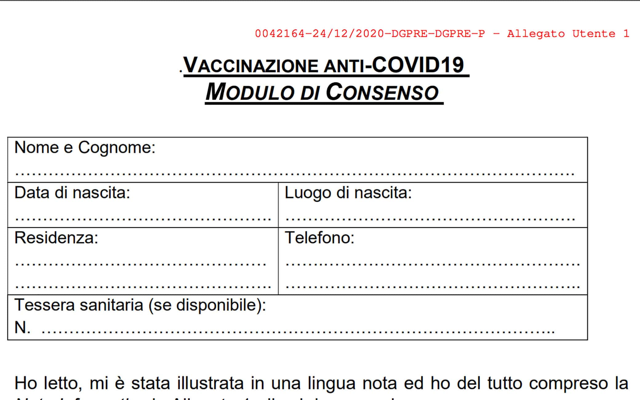 Il fac-simile del modulo per il consenso informato