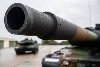 BAD FRANKENHAUSEN, GERMANY - SEPTEMBER 15: Two Leopard 2 A7V battle tanks after an event to mark the reception of the first units of the new tank on September 15, 2021 in Bad Frankenhausen, Germany. Panzerbataillon 393 is part of NATO's Very High Readiness Joint Task Force (VJTF). (Photo by Jens Schlueter/Getty Images)