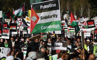 epa10970262 People march during a pro-Palestinian rally in central London, Britain, 11 November 2023. A coalition of groups are behind the march including the Palestine Solidarity Campaign, Friends of Al-Aqsa, Stop the War Coalition, Muslim Association of Britain, Palestinian Forum in Britain and Campaign for Nuclear Disarmament. The route for the march was changed to avoid any clashes with the commemorations for Armistice Day at the Cenotaph. Thousands of Israelis and Palestinians have died since the militant group Hamas launched an unprecedented attack on Israel from the Gaza Strip on 07 October, and the Israeli strikes on the Palestinian enclave which followed it.  EPA/ANDY RAIN