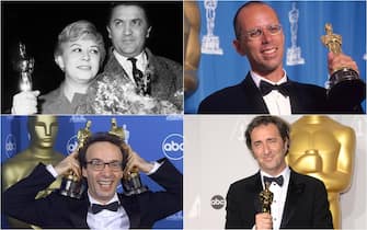 Federico Fellini, Gabriele Salvatores, Roberto Benigni e Paolo Sorrentino con le statuette degli Oscar