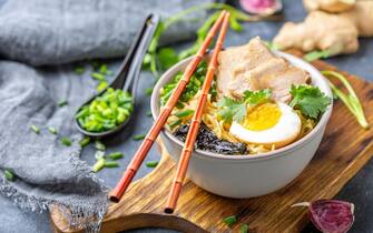 Ramen noodles with pork and pickled egg.