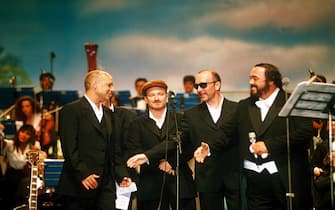 Children Of Bosnia Charity Concert, Modena, Italy - 1995, L-R, Brian Eno, Bono And The Edge From U2, Luciano Pavarotti (Photo by Brian Rasic/Getty Images)