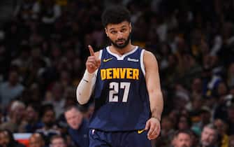 DENVER, CO - APRIL 29: Jamal Murray #27 of the Denver Nuggets looks on during the game against the Los Angeles Lakers during Round One Game Five of the 2024 NBA Playoffs on April 29, 2024 at the Ball Arena in Denver, Colorado. NOTE TO USER: User expressly acknowledges and agrees that, by downloading and/or using this Photograph, user is consenting to the terms and conditions of the Getty Images License Agreement. Mandatory Copyright Notice: Copyright 2024 NBAE (Photo by Bart Young/NBAE via Getty Images)